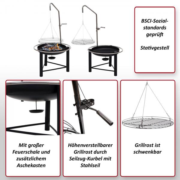 BBQ Schwenkgrill HWC-K92, Gartengrill Holzkohlegrill, höhenverstellbar Aschekasten Feuerschale Ø 60cm, Stahl schwarz