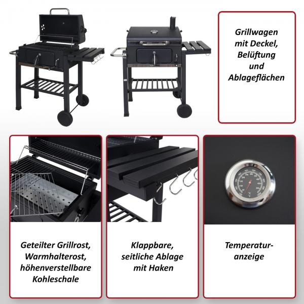 Grillwagen Holzkohlegrill Standgrill Barbecue BBQ Gartengrill mit Deckel Ablagen, Stahl, 110x100x51cm schwarz