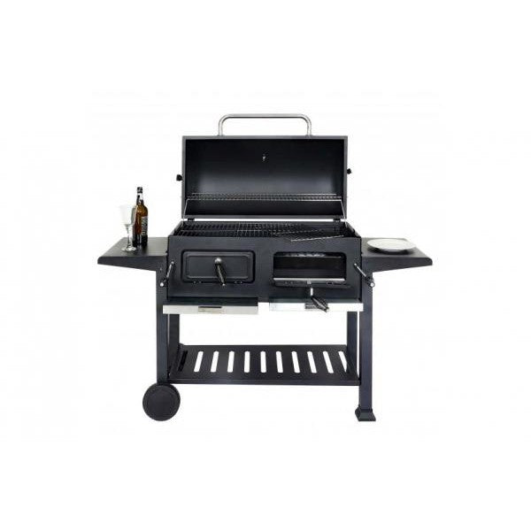 Barbecue a carbonella HWC-K94, carrello per barbecue, barbecue da supporto, barbecue da giardino con coperchio, acciaio smaltato 110x153x60cm nero