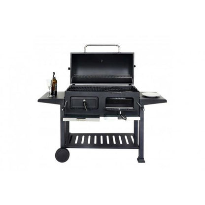 Grill à charbon HWC-K94, chariot à grillades, barbecue sur pied, barbecue de jardin avec couvercle, étagère, acier émaillé 110x153x60cm noir