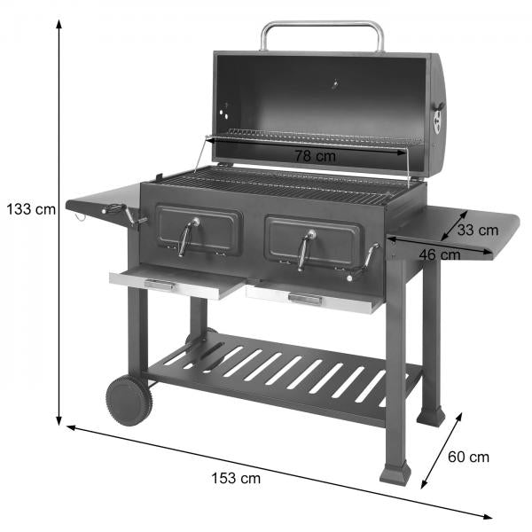 Grill à charbon HWC-K94, chariot à grillades, barbecue sur pied, barbecue de jardin avec couvercle, étagère, acier émaillé 110x153x60cm noir