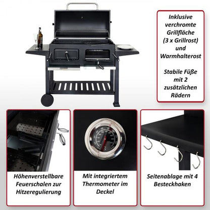 Grill à charbon HWC-K94, chariot à grillades, barbecue sur pied, barbecue de jardin avec couvercle, étagère, acier émaillé 110x153x60cm noir