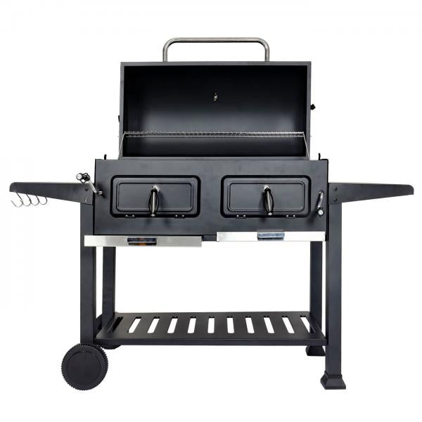 Barbecue a carbonella HWC-K94, carrello per barbecue, barbecue da supporto, barbecue da giardino con coperchio, acciaio smaltato 110x153x60cm nero