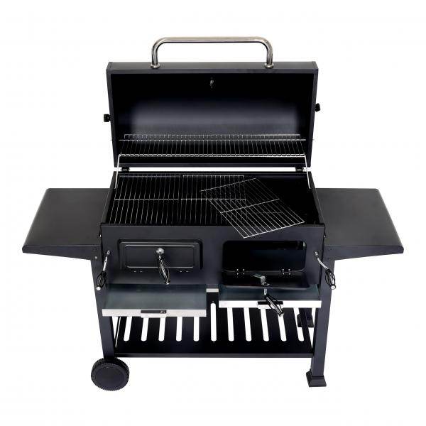 Barbecue a carbonella HWC-K94, carrello per barbecue, barbecue da supporto, barbecue da giardino con coperchio, acciaio smaltato 110x153x60cm nero