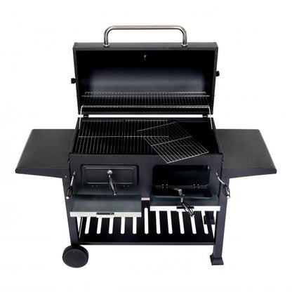 Grill à charbon HWC-K94, chariot à grillades, barbecue sur pied, barbecue de jardin avec couvercle, étagère, acier émaillé 110x153x60cm noir