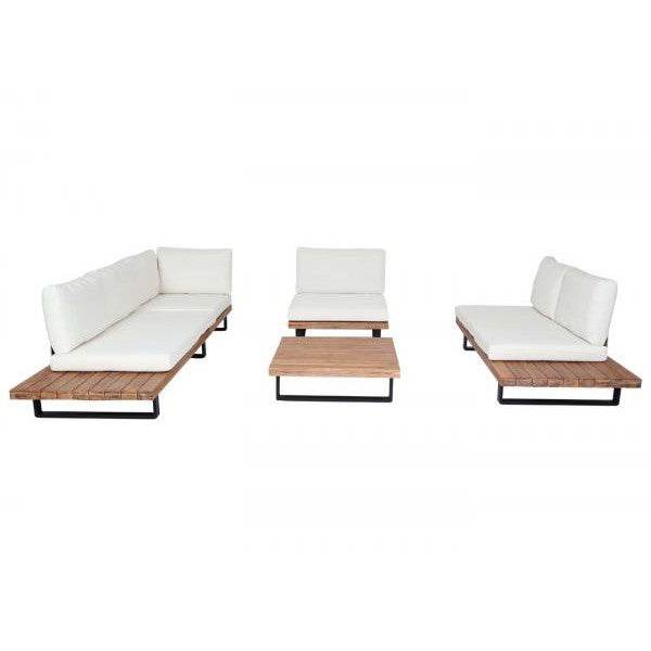 Garten-Garnitur mit Sessel Lounge-Set Sofa, Spun Poly Akazie Holz MVG Aluminium ~ hellbraun, Polster cremeweiss - Palo24