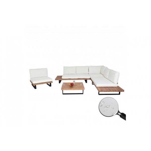 Garten-Garnitur mit Sessel Lounge-Set Sofa, Spun Poly Akazie Holz MVG Aluminium ~ hellbraun, Polster cremeweiss - Palo24