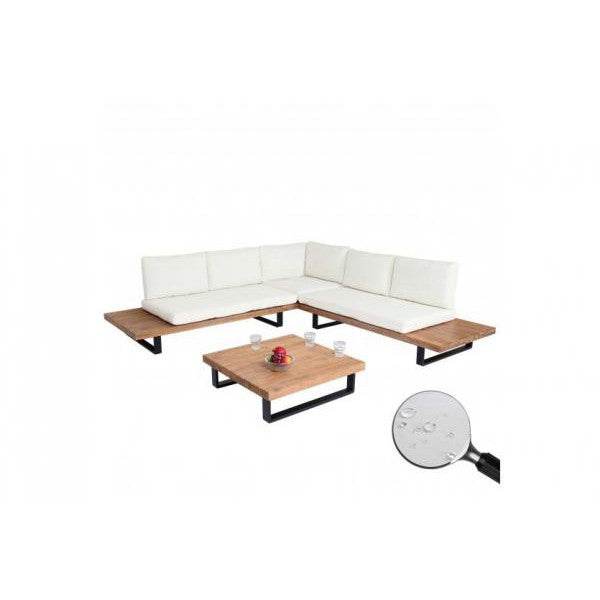 Garten-Garnitur Sitzgruppe Lounge-Set, Spun Poly Akazie Holz MVG Alu ~ hellbraun, Polster cremeweiss - Palo24