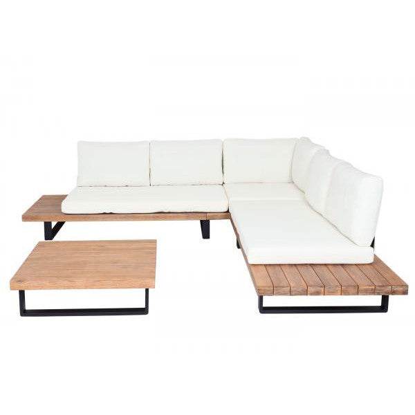Garten-Garnitur mit Sessel Lounge-Set Sofa, Spun Poly Akazie Holz MVG Aluminium ~ hellbraun, Polster cremeweiss - Palo24
