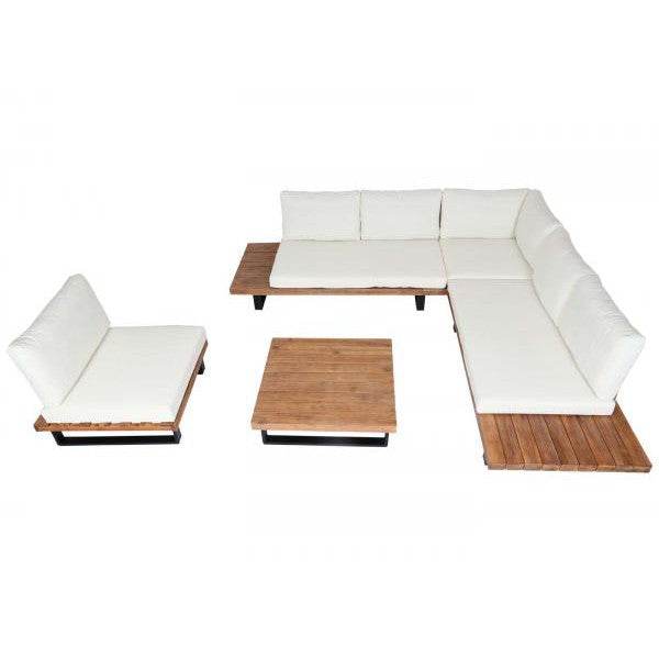 Garten-Garnitur mit Sessel Lounge-Set Sofa, Spun Poly Akazie Holz MVG Aluminium ~ hellbraun, Polster cremeweiss - Palo24