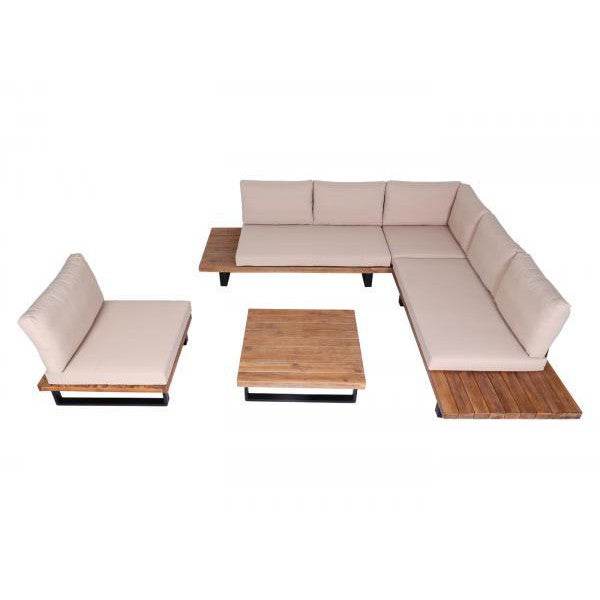Garten-Garnitur mit Sessel Lounge-Set Sofa, Spun Poly Akazie Holz MVG Aluminium ~ hellbraun, Polster beige - Palo24