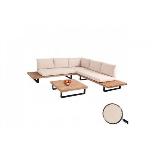 Garten-Garnitur HWC-H54, Garnitur Sitzgruppe Lounge-Set, Spun Poly Akazie Holz MVG Alu ~ hellbraun, Polster beige - Palo24