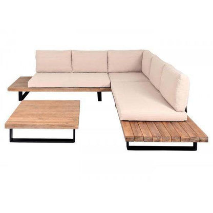 Garten-Garnitur mit Sessel Lounge-Set Sofa, Spun Poly Akazie Holz MVG Aluminium ~ hellbraun, Polster beige - Palo24