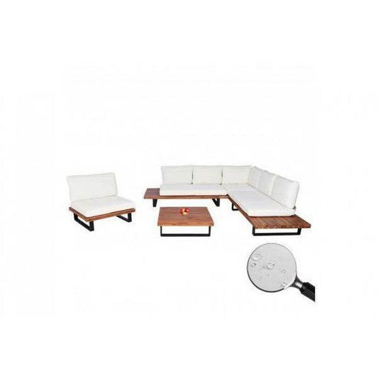Garten-Garnitur mit Sessel Lounge-Set Sofa, Spun Poly Akazie Holz MVG Aluminium ~ braun, Polster cremeweiss - Palo24