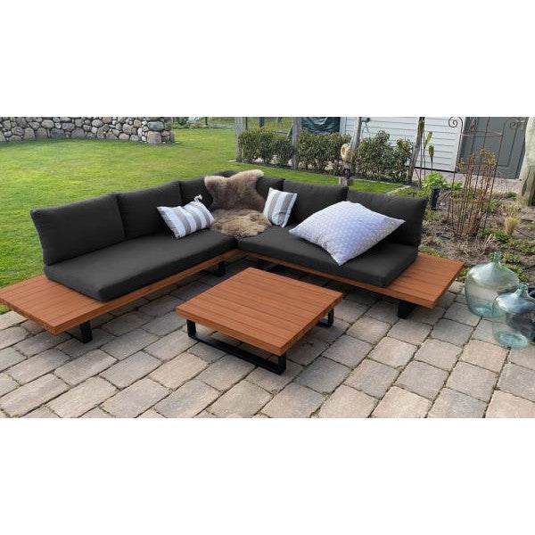 Garten-Garnitur HWC-H54, Garnitur Sitzgruppe Lounge-Set, Spun Poly Akazie Holz MVG Alu ~ braun, Polster dunkelgrau - Palo24