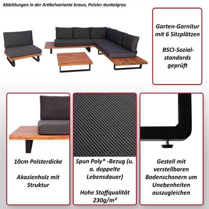 Garten-Garnitur mit Sessel Lounge-Set Sofa, Spun Poly Akazie Holz MVG Aluminium ~ braun, Polster dunkelgrau - Palo24