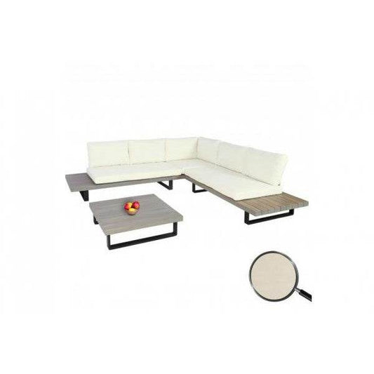 Garten-Garnitur HWC-H54, Garnitur Sitzgruppe Lounge-Set, Spun Poly Akazie Holz MVG Alu ~ grau, Polster cremeweiss - Palo24