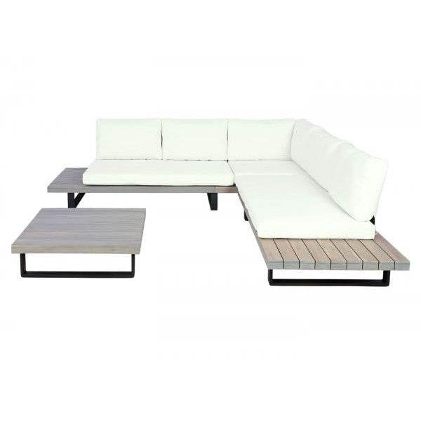 Garten-Garnitur HWC-H54, Garnitur Sitzgruppe Lounge-Set, Spun Poly Akazie Holz MVG Alu ~ grau, Polster cremeweiss - Palo24