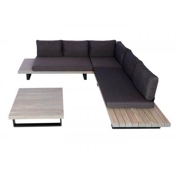 Garten-Garnitur mit Sessel Lounge-Set Sofa, Spun Poly Akazie Holz MVG Aluminium ~ grau, Polster dunkelgrau - Palo24