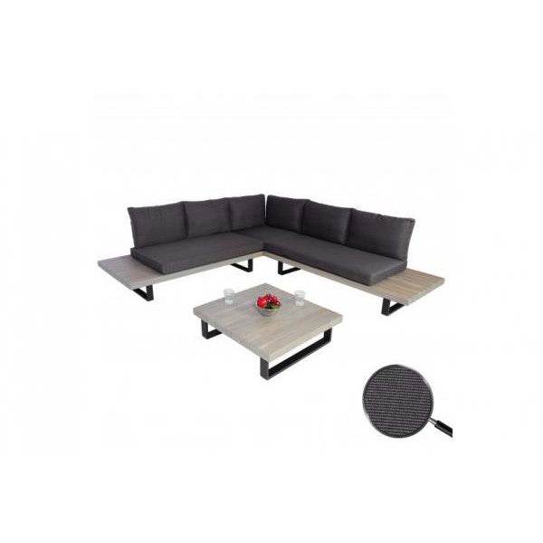 Garten-Garnitur HWC-H54, Garnitur Sitzgruppe Lounge-Set, Spun Poly Akazie Holz MVG Alu ~ grau, Polster dunkelgrau - Palo24