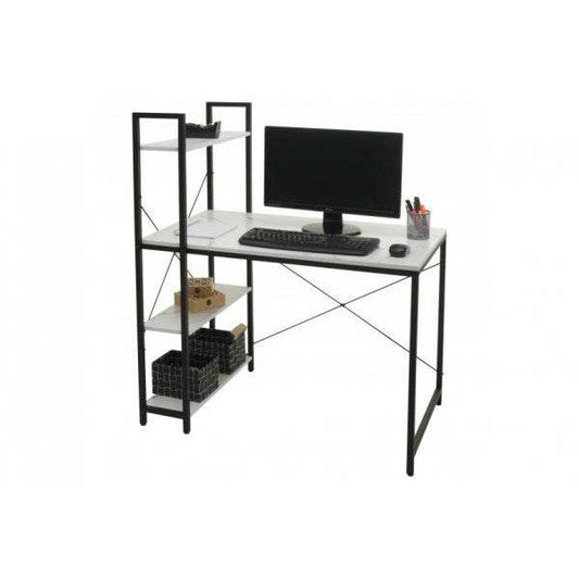 Schreibtisch mit Regal Laptoptisch Bürotisch Arbeitstisch, 100x60cm Metall MDF ~ Marmor-Optik weiss - Palo24