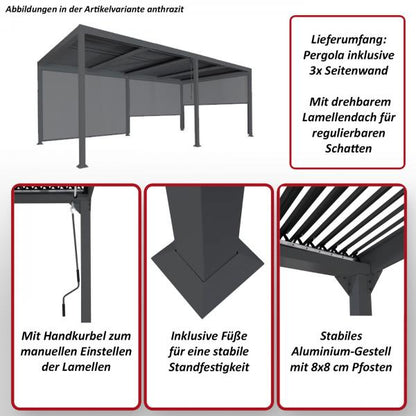 Pergola in alluminio HWC-L41 con parete laterale 3x, padiglione a doghe, stabile struttura in metallo da 8 cm 3x6m ~ bianco