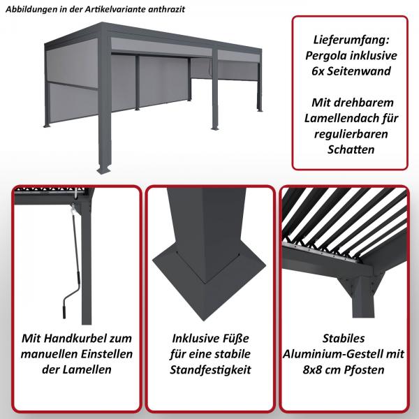 Alu Pergola HWC-L41 mit 6x Seitenwand, Lamellen-Pavillon, stabiles 8cm-Metall-Gestell 3x6m ~ anthrazit