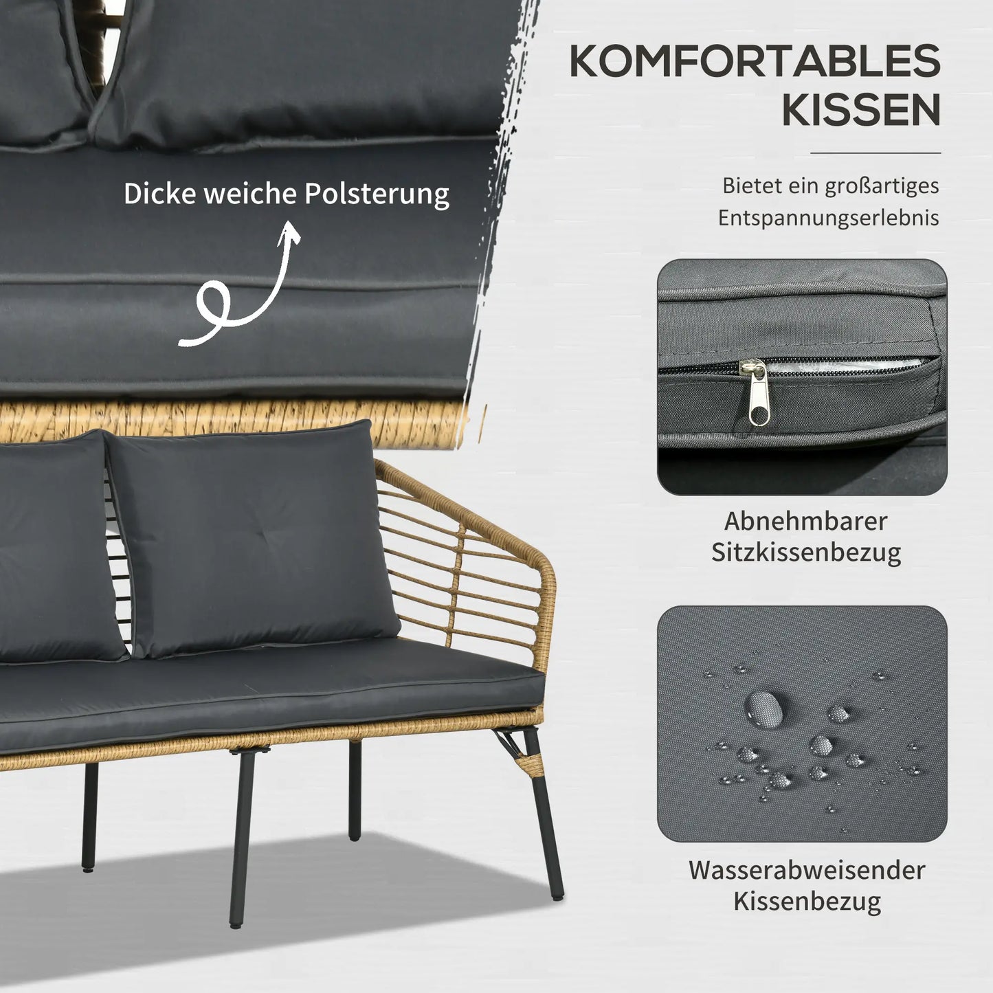 4-teilige Gartenmöbel-Set aus Rattan, Boho-Stil, Sitzgruppe Lounge Sand + Dunkelgrau