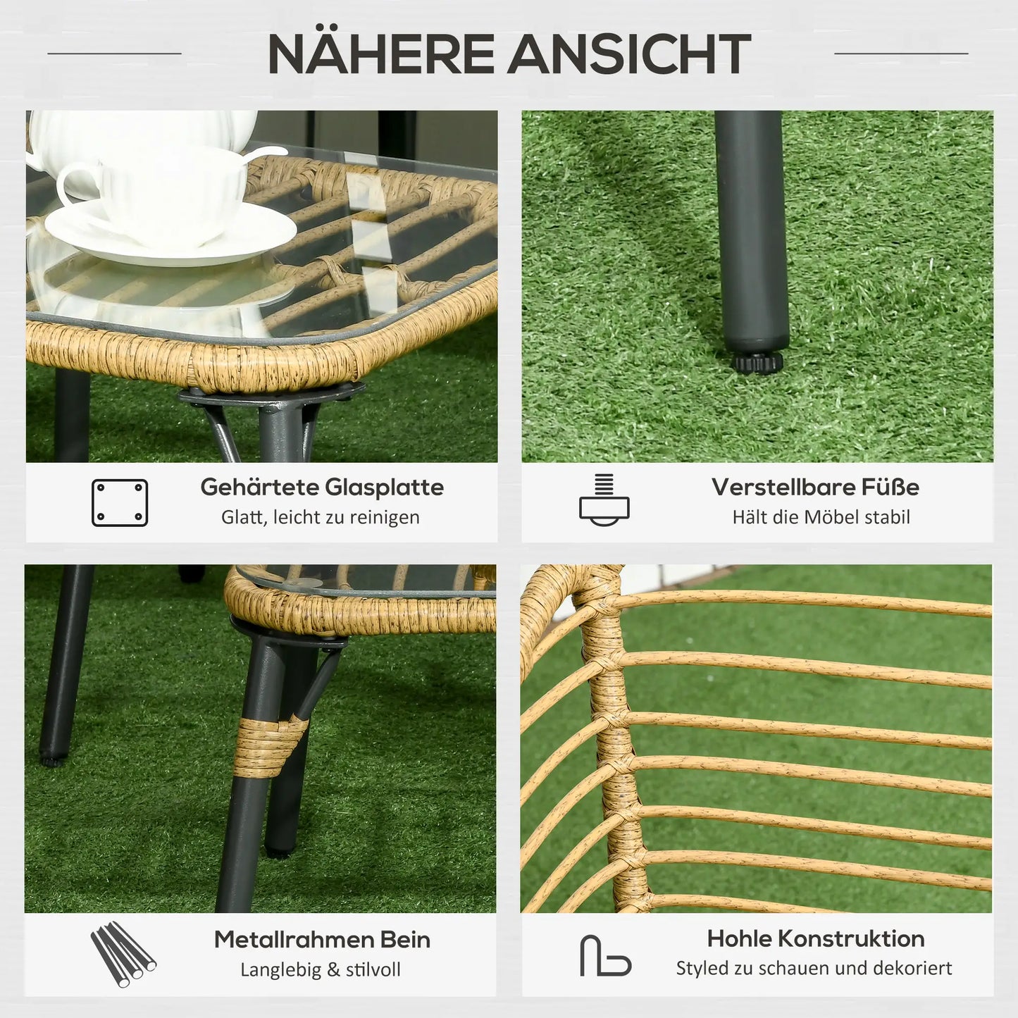 4-teilige Gartenmöbel-Set aus Rattan, Boho-Stil, Sitzgruppe Lounge Sand + Dunkelgrau