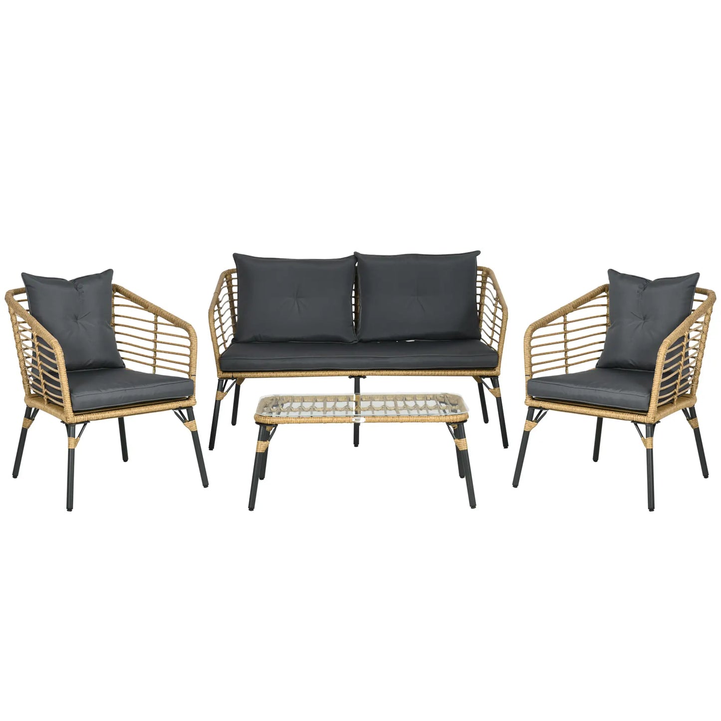 4-teilige Gartenmöbel-Set aus Rattan, Boho-Stil, Sitzgruppe Lounge Sand + Dunkelgrau