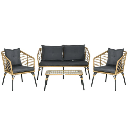 4-teilige Gartenmöbel-Set aus Rattan, Boho-Stil, Sitzgruppe Lounge Sand + Dunkelgrau