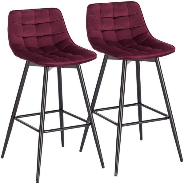 Lot de 2 chaises de bar design avec repose-pieds en velours, pieds en métal Elif bordeaux