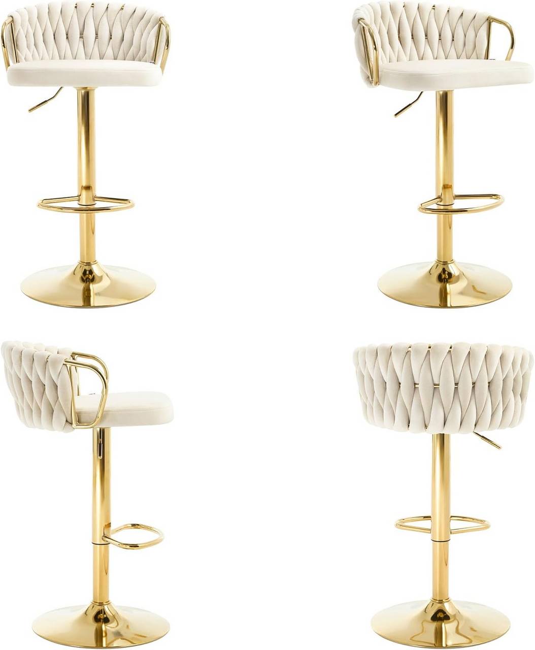 2x Barhocker Samtstuhl Fussstütze Gold Creme