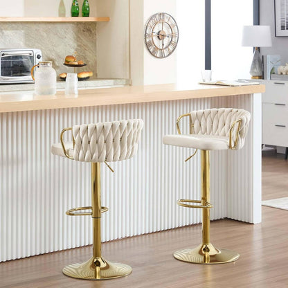 2x Barhocker Samtstuhl Fussstütze Gold Creme