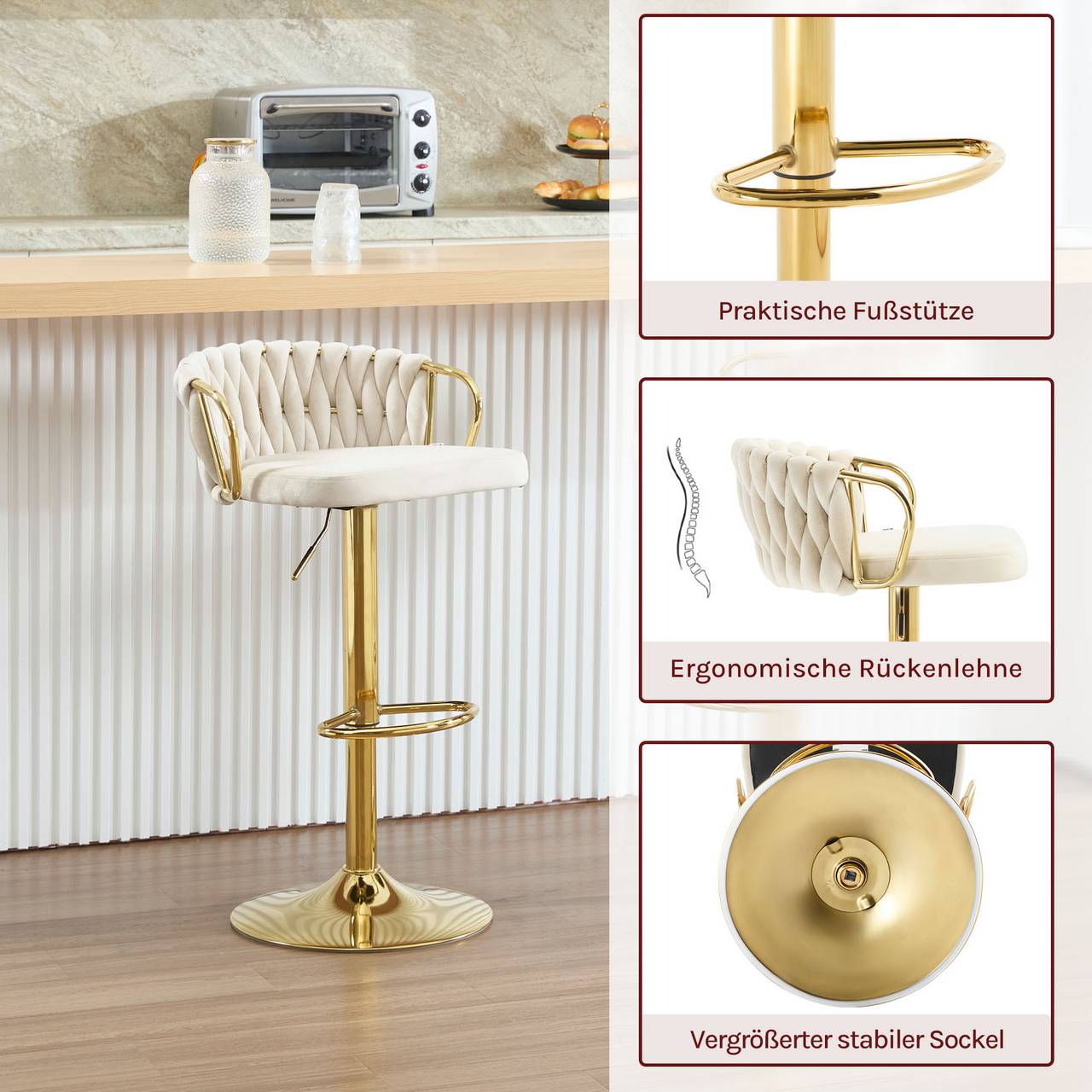 2x Barhocker Samtstuhl Fussstütze Gold Creme