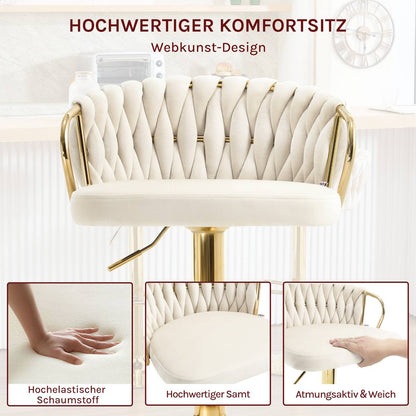 2x Barhocker Samtstuhl Fussstütze Gold Creme