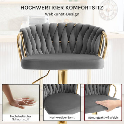 2x Barhocker Samtstuhl Fussstütze Gold Dunkelgrau