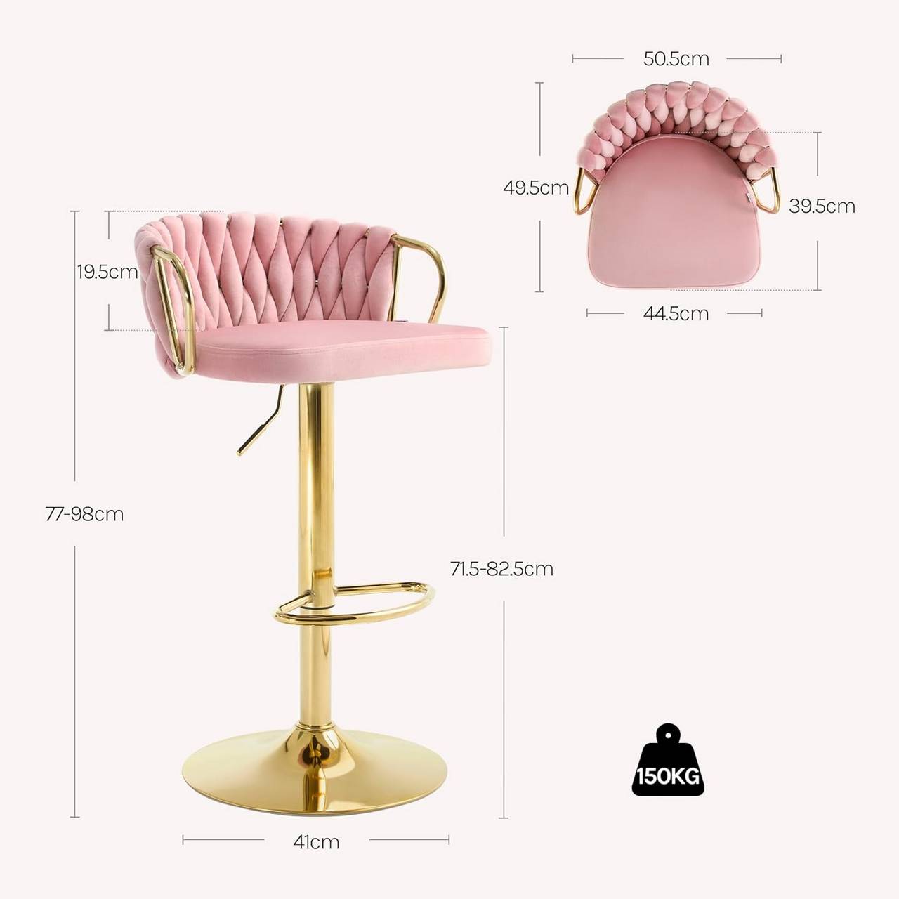 2x Barhocker Samtstuhl Fussstütze Gold Rosa