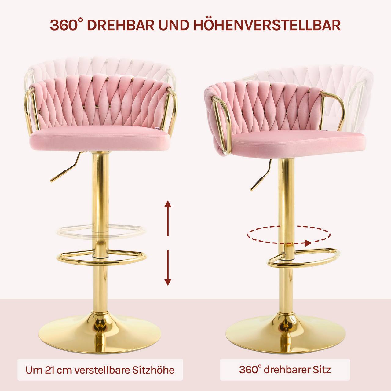 2x Barhocker Samtstuhl Fussstütze Gold Rosa