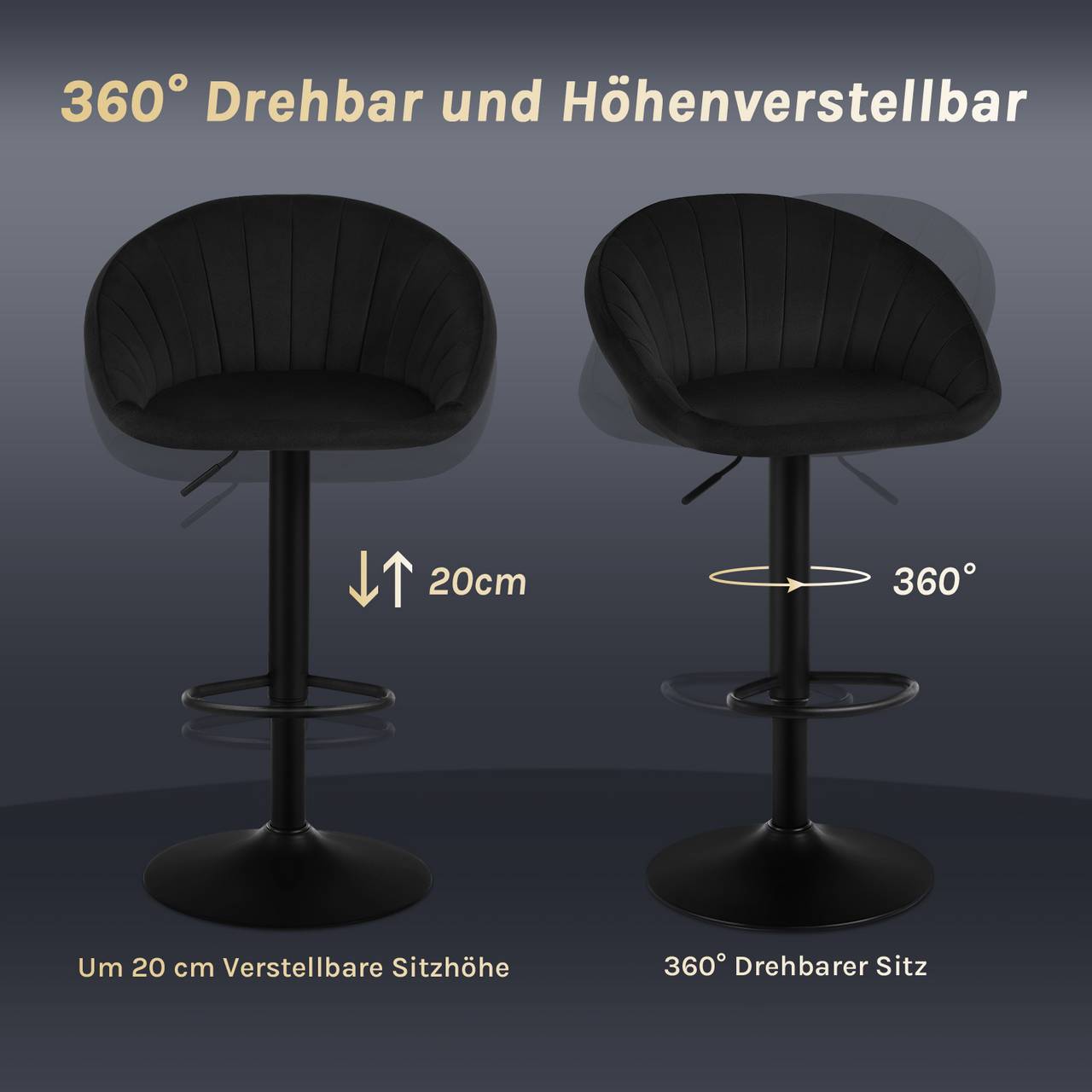 2x Barhocker höhenverstellbar drehbar mit Rückenlehne Samt Metall Schwarz