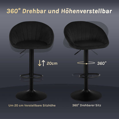 2x Barhocker höhenverstellbar drehbar mit Rückenlehne Samt Metall Schwarz