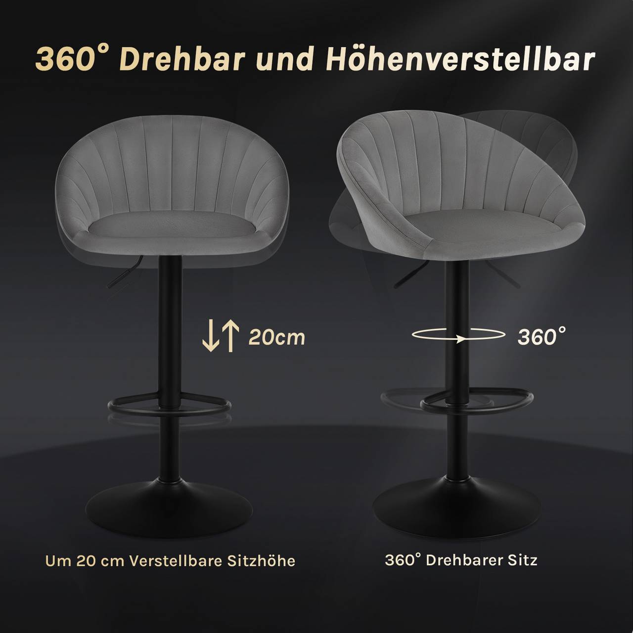 2x Barhocker höhenverstellbar drehbar mit Rückenlehne Samt Metall Dunkelgrau