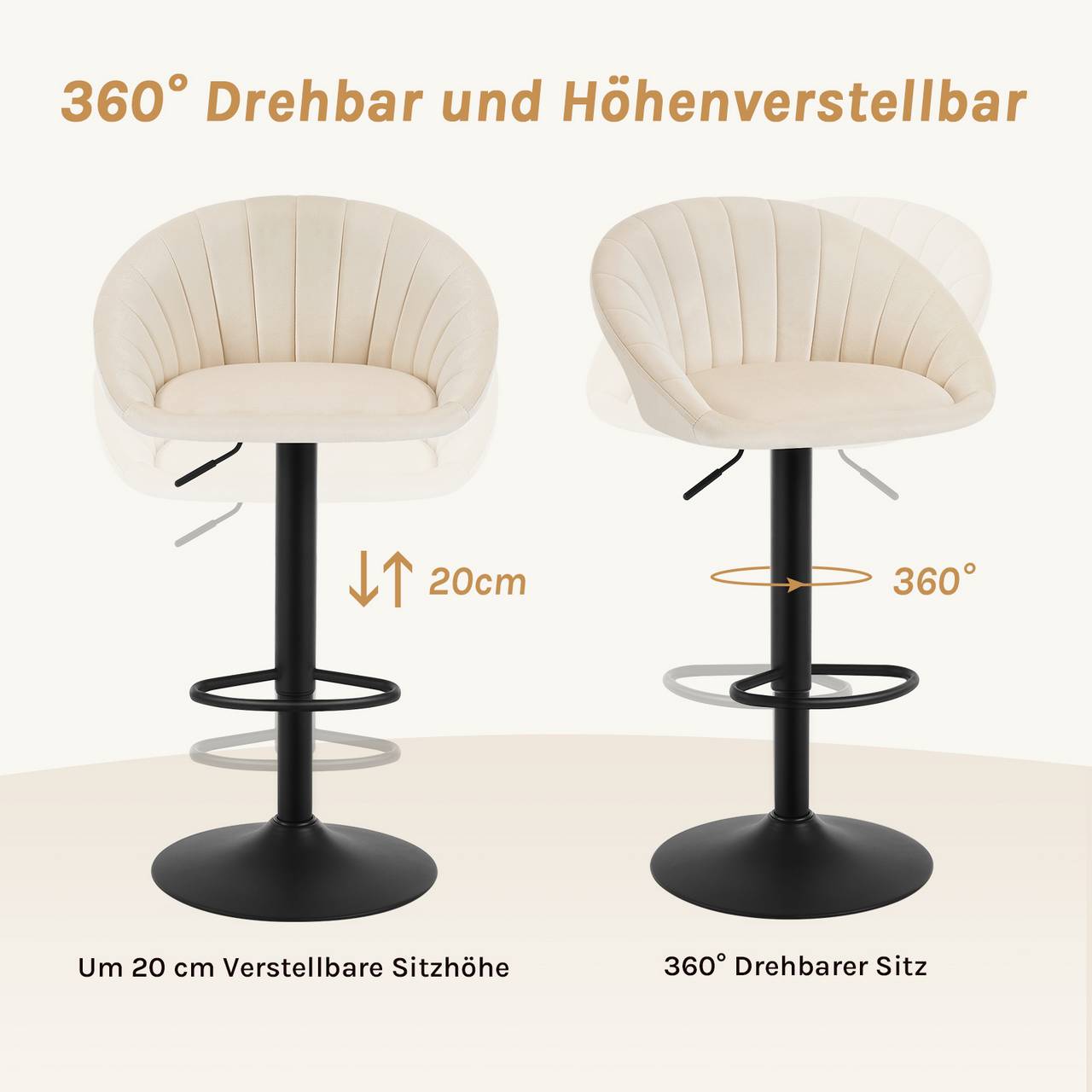 2x Barhocker höhenverstellbar drehbar mit Rückenlehne Samt Metall Beige