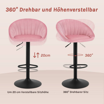 2x Barhocker höhenverstellbar drehbar mit Rückenlehne Samt Metall Rosa