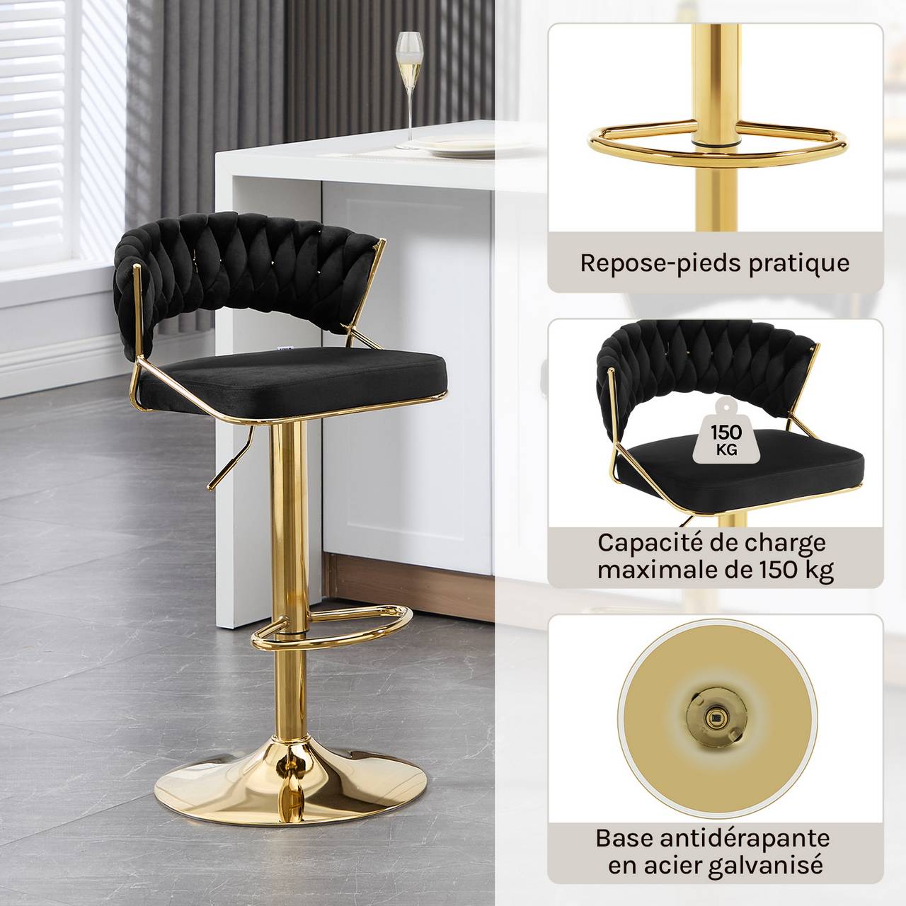 2x Barhocker höhenverstellbar Samt Metall Gold Schwarz