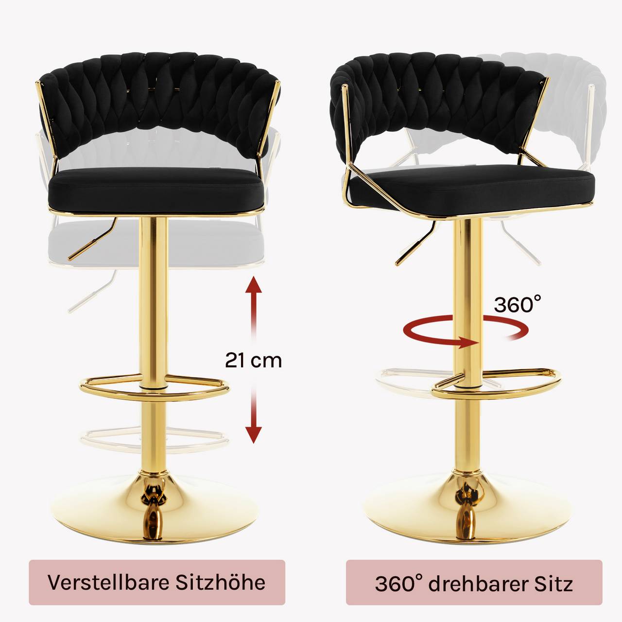 2x Barhocker höhenverstellbar Samt Metall Gold Schwarz