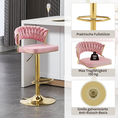 2x Barhocker höhenverstellbar Samt Metall Gold Rosa