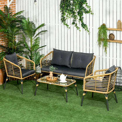 4-teilige Gartenmöbel-Set aus Rattan, Boho-Stil, Sitzgruppe Lounge Sand + Dunkelgrau