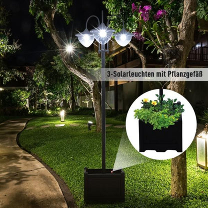 Solarleuchte Gartenlicht 3-köpfige Lampe mit Blumentopf-Basis Wasserdicht Edelstahl 60 x 55 x 189 cm