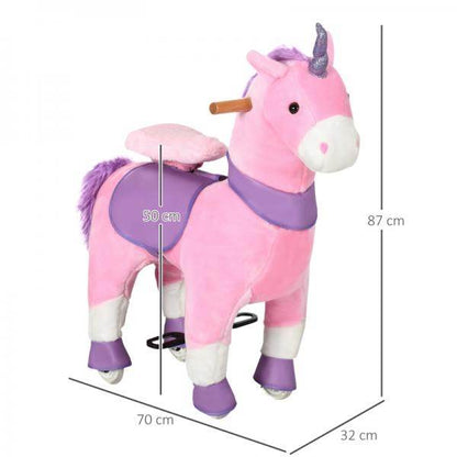 Schaukelpferd Einhorn 4 Rollen 2 Pedale gepolsterter Sattel Pink + Lila + Weiss - Palo24